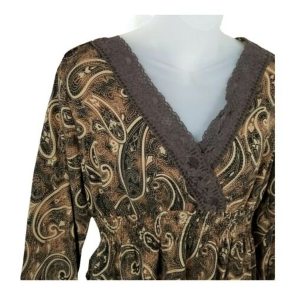 FASHION BUG Paisley V Neck Peasant Top Womens Sz M Boho Brown Long Sleeve - Picture 11 of 12